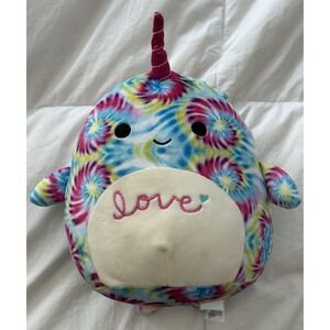 Squishmallow Tie Dye Narwhal "Love" Colorful‎ Kellytoy 12" Stuffed Animal Plush